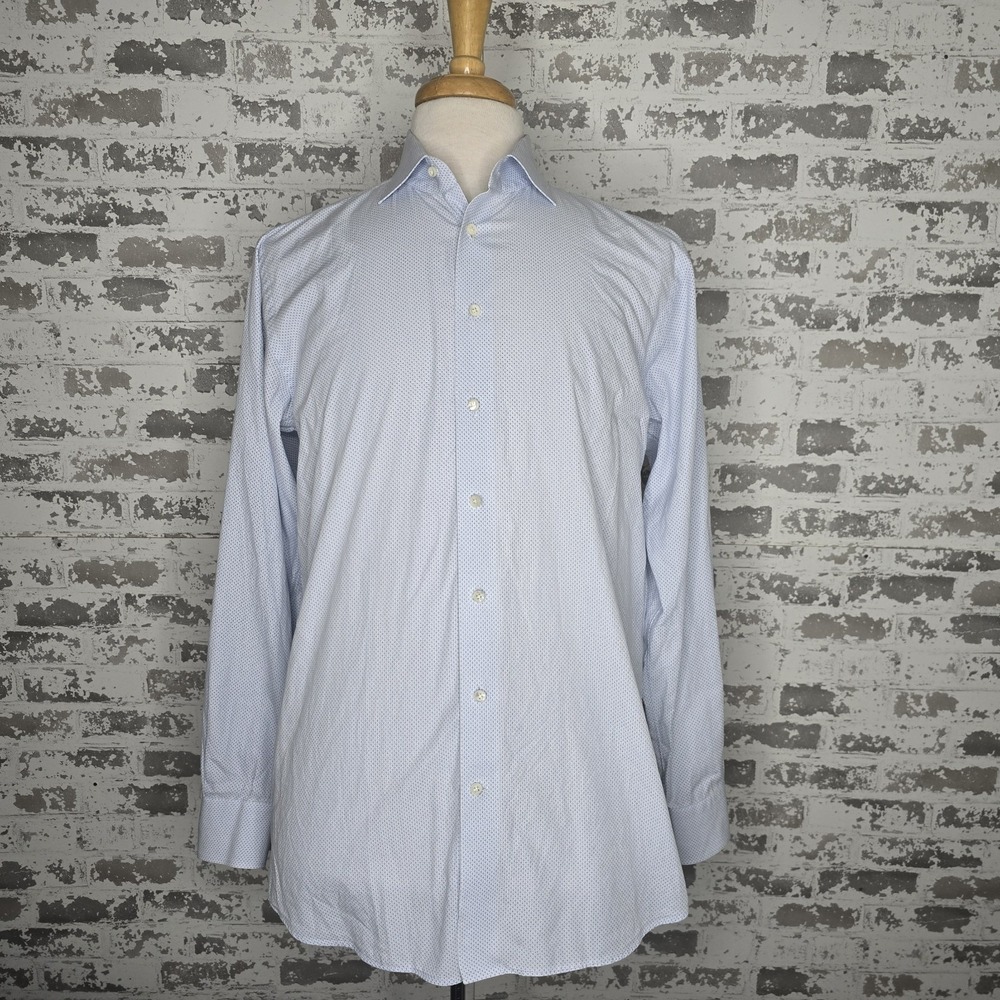 Emanuel Berg Dress Shirt Mens Size 16 1/2" Blue‎ Traveler Cotton Twill Stretch